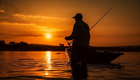 Silhouette of one man fishing on nautical vessel at sunset generated by artificial intelligenceの素材
