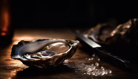 Healthy gourmet meal Fresh seafood on wooden table, selective focus generated by artificial intelligenceの素材