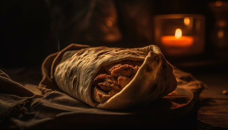 Rustic wood table holds homemade gourmet meal with fresh meat generated by artificial intelligenceの素材