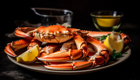 Fresh seafood plate with crab, prawn, lobster, and scampi cooked gourmet generated by artificial intelligenceの素材