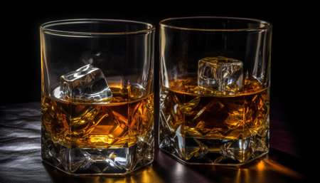 Luxury drink establishment serves elegant whiskey cocktails on gold table generated by artificial intelligenceの素材