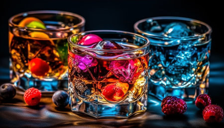 Luxury whiskey cocktail with fresh fruit and ice on table generated by artificial intelligenceの素材