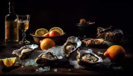 Fresh seafood and citrus fruit on a rustic wooden table generated by artificial intelligenceの素材
