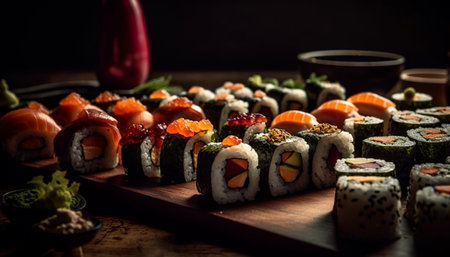 Healthy eating with fresh seafood and Japanese culture on plate generated by artificial intelligenceの素材
