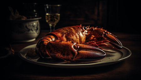 Healthy seafood appetizer on wooden table with steamed crab claw generated by artificial intelligenceの素材