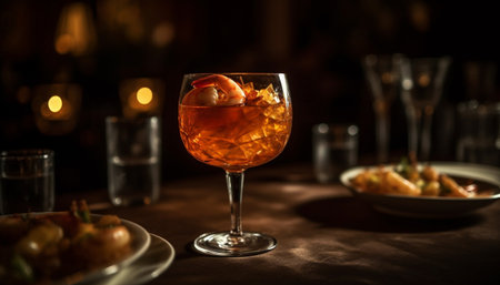 Luxury cocktail glass with fresh fruit and ice on wood table generated by artificial intelligenceの素材
