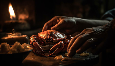 Hand holding fresh seafood, cooked over flame on wood table generated by artificial intelligenceの素材