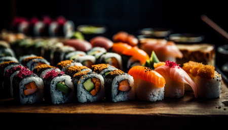 Fresh seafood meal on plate maki sushi, sashimi, and nigiri generated by artificial intelligenceの素材