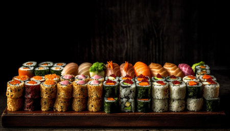 Fresh seafood plate with rolled up maki sushi and avocado generated by artificial intelligenceの素材
