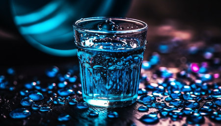 Blue liquid drop splashing in drinking glass on transparent table generated by artificial intelligenceの素材
