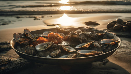 Fresh seafood meal cooked outdoors, served on wooden crockery generated by artificial intelligenceの素材