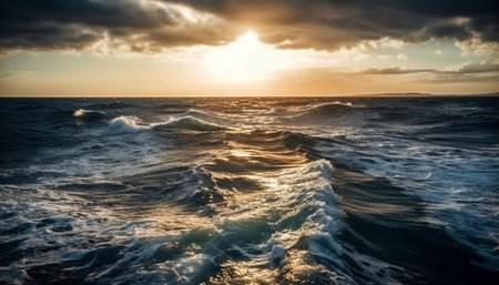 Tranquil seascape sunset over blue water, dramatic sky and wave pattern generated by artificial intelligenceの素材