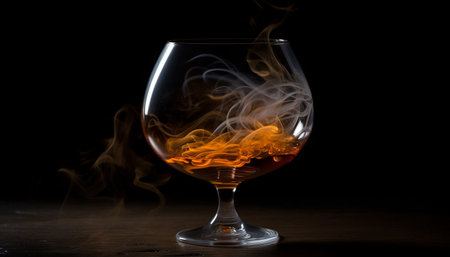 Luxury whiskey in a wineglass on a black background with reflection generated by artificial intelligenceの素材