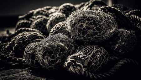 Abstract sphere of tangled fiber netting catches seafood for fishing industry generated by artificial intelligenceの素材