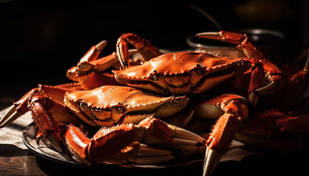 Fresh seafood meal on wooden plate, cooked and ready to eat generated by artificial intelligenceの素材