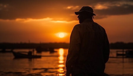 One man standing, back lit by sunset, fishing alone generated by artificial intelligenceの素材