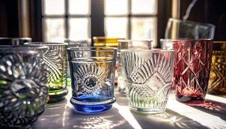 Multi colored cocktail collection on elegant bar table reflects luxury celebration generated by artificial intelligenceの素材