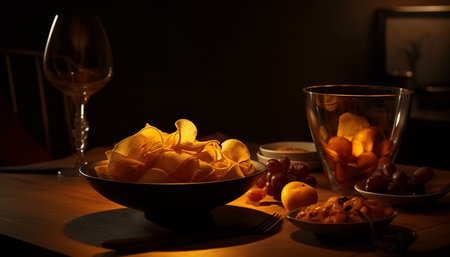 Fresh gourmet snack on rustic table fruit, bread, potato, wine generated by artificial intelligenceの素材
