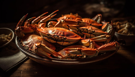 Healthy seafood meal with fresh crab and steamed lobster appetizer generated by artificial intelligenceの素材