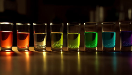 Multi colored cocktail glass reflects vibrant nightlife in a bar establishment generated by artificial intelligenceの素材