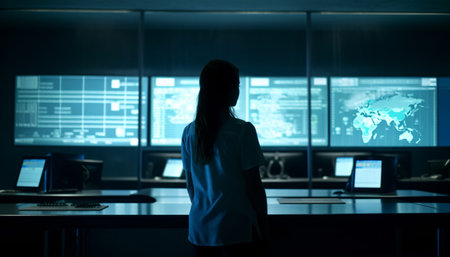 Busy businesswoman typing emails on modern computer in dark office generated by artificial intelligenceの素材