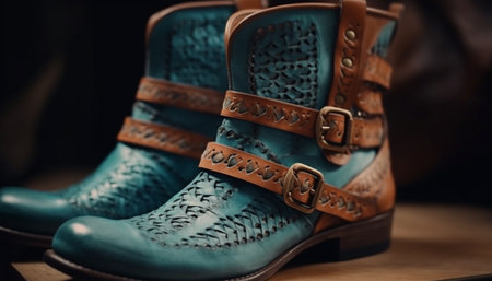 Modern leather boots with shiny buckle, perfect for fashionable men generated by artificial intelligenceの素材