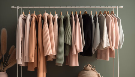 Modern fashion collection hanging in elegant domestic closet, multi colored variation generated by artificial intelligenceの素材