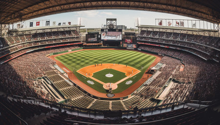 Sports venue architecture showcases competitive team sport performance on grass generated by artificial intelligenceの素材