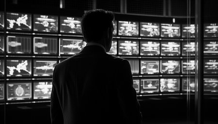 Silhouette of successful businessman watching data chart generated by artificial intelligenceの素材