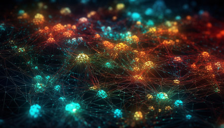 Glowing multi colored fractal backdrop illuminates futuristic abstract space design generated by artificial intelligenceの素材