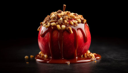 Decadent chocolate dessert with fresh fruit and homemade caramel sauce generated by artificial intelligenceの素材