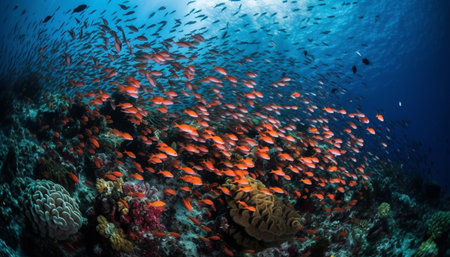 Colorful school of fish swim in tropical underwater seascape generated by artificial intelligenceの素材