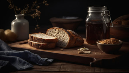 Rustic homemade bread on wooden table, fresh and organic meal generated by artificial intelligenceの素材