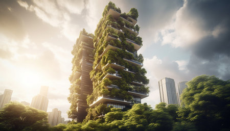 Skyscraper cityscape built structure with nature growth and sunset sunlight generated by artificial intelligence