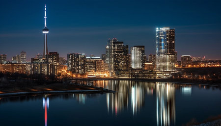 Vibrant city skyline illuminated by multi colored lights at dusk generated by artificial intelligenceの素材