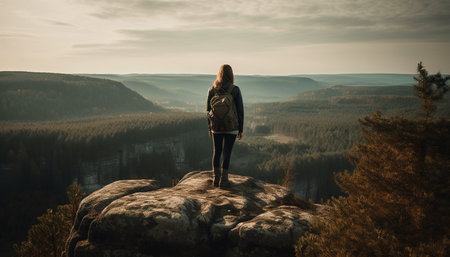 One person standing on mountain peak, enjoying autumn landscape generated by artificial intelligenceの素材