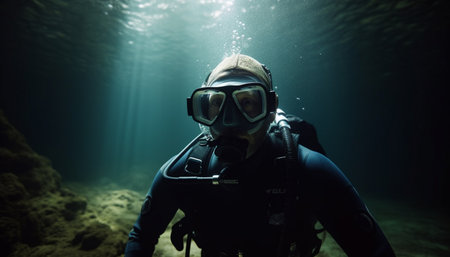men diving into blue water with scuba equipment for adventure generated by artificial intelligenceの素材