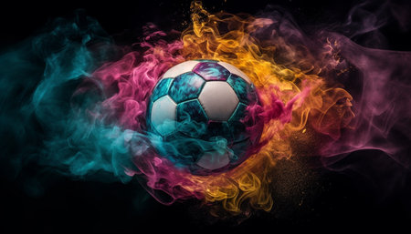 Soccer ball burning bright, motion and speed in competition generated by artificial intelligenceの素材