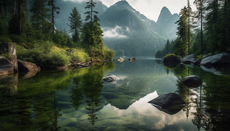 Majestic mountain range reflects tranquil scene of natural beauty generated by artificial intelligenceの素材