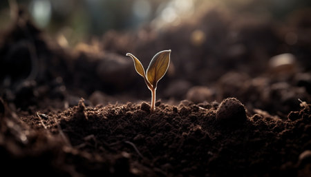 New life emerges from the wet dirt, a small seedling generated by artificial intelligenceの素材