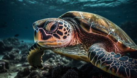 Large sea turtle swimming in tranquil underwater reef environment generated by artificial intelligenceの素材