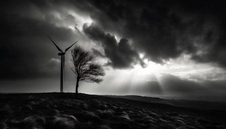 Silhouette of wind turbine spinning against dramatic mountain range backdrop generated by artificial intelligenceの素材