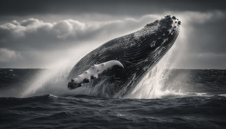 Majestic humpback breaches, spraying blue water in stunning seascape generated by artificial intelligenceの素材