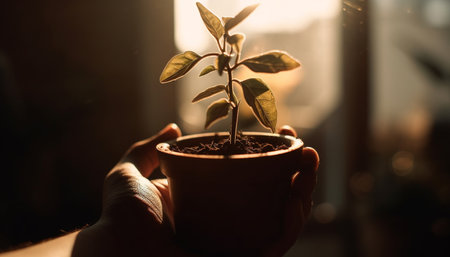 One person holding a fresh seedling in a flower pot generated by artificial intelligenceの素材