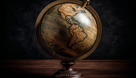Antique globe on wooden desk, depicting planet physical geography generated by artificial intelligenceの素材