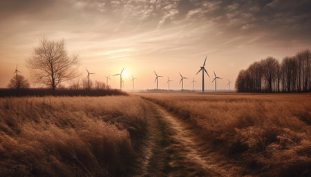 Wind turbines in a row generate sustainable energy at sunset generated by artificial intelligenceの素材
