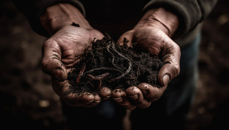 Men holding seedlings, working in dirt for organic agriculture growth generated by artificial intelligenceの素材