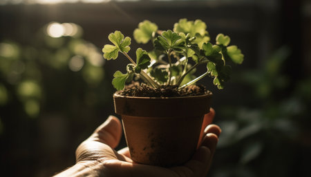 New life sprouts from organic seedling, held by human hand generated by artificial intelligenceの素材