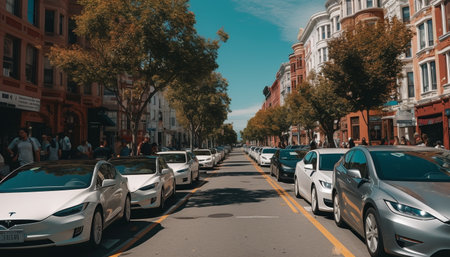 City traffic rushes by the illuminated skyline at dusk generated by artificial intelligenceの素材