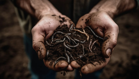 Men working outdoors, holding plant growth, promoting organic agriculture generated by artificial intelligenceの素材